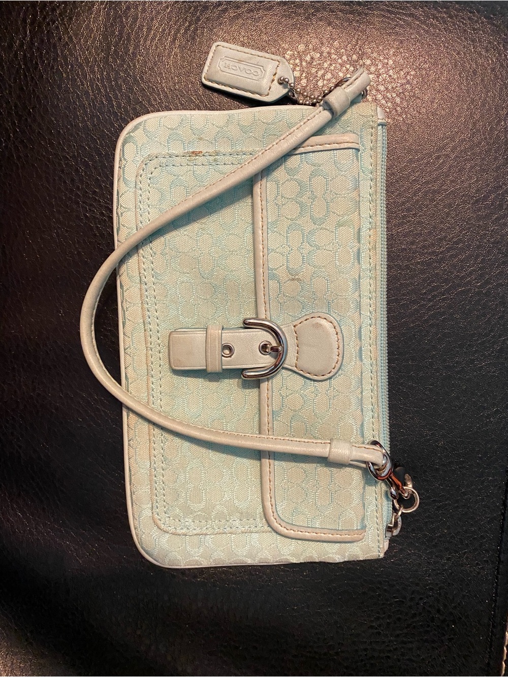 Coach Light Teal Signature Canvas Wristlet with Buckle Detail